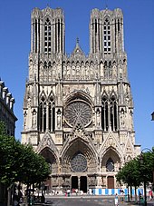 A photograph of the Reims Cathedral, an example of French Gothic architecture