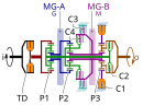 Clutch C1 is engaged during Mode 1 operation in this schematic of a dual-mode transmission