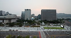 The square in 2022. The Statue of Admiral Yi Sun-sin is in the center, and to the far right is Gyeongbokgung and the Blue House just above it