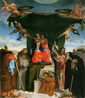 A cloth of honour held over the Virgin by angels, in an altarpiece by Lorenzo Lotto