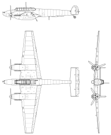 3-view line drawing of the Messerschmitt Bf 110