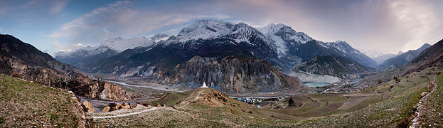 A wide panoramic view of the Annapurna peaks from north near Manang