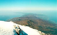 The peninsula as seen from the summit of Mount Athos (40°9′28″N 24°19′36″E﻿ / ﻿40.15778°N 24.32667°E﻿ / 40.15778; 24.32667), looking northwest