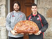 Cornish Pirates players display a giant pasty