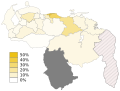 Porcentaje de votos de PJ dentro de la coalición opositora en las elecciones regionales de Venezuela de 2008. El estado Amazonas (en gris), no participó.