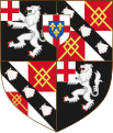 Quarterly 1st and 4th Sable a lion rampant on a canton Argent a cross Gules; 2nd and 3rd quarterly Argent and Gules in the 2nd and 3rd quarters a fret Or overall on a bend Sable three escallops of the first and as an augmentation in chief an inescutcheon, Argent a cross Gules and thereon an inescutcheon Azure, three fleurs-de-lis Or. Arms of Churchill.[6]