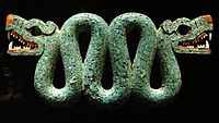 Double-headed serpent, Turquoise, red and white mosaic on wood, Aztec (possibly) Mixtec, c. 1400–1521, British Museum