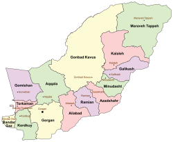 Location of Ramian County in Golestan province (center, purple)