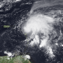 A satellite image of a weak hurricane near the Lesser Antilles