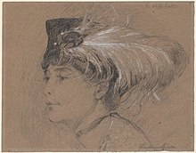 Pencil sketch of a young woman wearing a black hat with a white feather