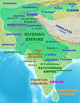 A map of India in the 2nd century AD showing the extent of the Kushan Empire (in green) during the reign of Kanishka. Most historians consider the empire to have variously extended as far east as the middle Ganges plain,[1] to Varanasi in the eastern Gangetic plain,[2][3] or probably even Pataliputra.[4][5]