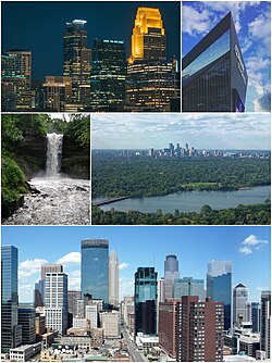 Clockwise from top left: Downtown Minneapolis at night; U.S. Bank Stadium; skyline from Lake Nokomis; Minneapolis skyline; and Minnehaha Falls