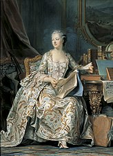 Madame de Pompadour, the mistress of Louis XV of France, made pink and blue the leading fashion colors in the Court of Versailles. She had a special pink tint created for her by the Sevres porcelain factory. This portrait by Maurice Quentin de La Tour was painted between 1748 and 1755.