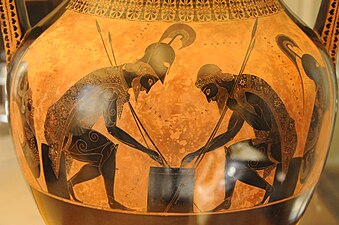 Greek black-figure pottery. Ajax and Achilles playing a game, about 540-530 BC. (Vatican Museums).