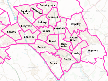 Map of Luton divided into its 19 wards