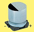 Cylindrical polymer capacitors have a polarity marking at the cathode (minus) side