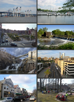 Clockwise from top: the original Tappan Zee Bridge and replacement; Mamaroneck Harbor; Philipsburg Manor; downtown White Plains; downtown Scarsdale; shops in Katonah; the New Croton Dam; Getty Square in Yonkers