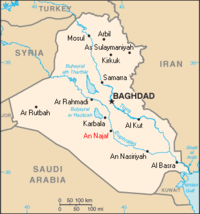 The location of Najaf (printed in red) within Iraq.