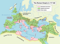 The maximum extent of Roman Empire under Trajan in AD 117