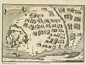 Diu town and the Portuguese fort (British engraving, 1729)