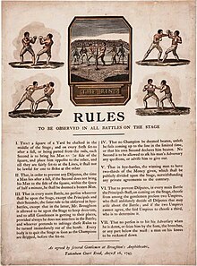 A broadside featuring five images of gloved contests above the seven distinct regulations that were authored by Heavyweight Champion Jack Broughton