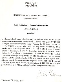 Photocopy of the presidential pardon given to Kajínek (in Czech)