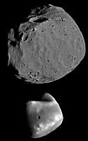 Comparison greyscale images of Phobos (top) and Deimos (bottom).