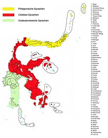 Map of the Sulawesi languages with Celebic depicted in red in the cencentrere. Celebic language is spoken a larger area than the other Sulawesi languages