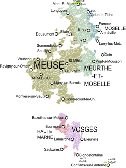 The Duchy of bar in the 17th century, as against the modern administrative divisions of France