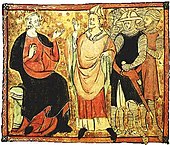 Manuscript illustration. The central man is wearing robes and a mitre and is facing the seated figure on the left. The seated man is wearing a crown and robes and is gesturing at the mitred man. Behind the mitred figure are a number of standing men wearing armour and carrying weapons.