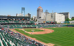 Downtown Fresno Skyline behind a Fresno Grizzlies baseball game at Chukchansi Park