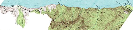 Edited version of a high resolution USGS topographical chart of the Kalalau Trail. On the left portion of the image the Kalalau Valley below 800 feet elevation is shown. Also, a portion of the Kalalau Trail is shown as a black line. On the top right portion of the image the end of the paved road is shown as a black line.