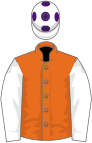 Orange, white sleeves, white cap, purple spots