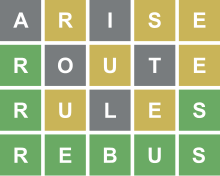 A four-row grid of white letters in colored square tiles, with 5 letters in each row, reading ARISE, ROUTE, RULES, REBUS. The A, I, O, T, and L are in gray squares; the R, S, and E of ARISE, U and E of ROUTE, and U and E of RULES are in yellow squares, and the R of ROUTE, R and S of RULES, and all letters of REBUS are in green squares.