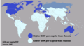 Map showing countries who have higher or lower GDP per capita than Russia