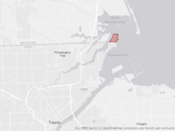 Map of southeastern Michigan and northwestern Ohio with the Lost Peninsula area highlighted in red