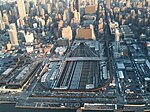 West Side Yard between Penn Station and the Hudson River. The elevated viaduct that wraps around the yard area is a former New York Central freight route known as the "High Line"; it is now a popular multi-use recreational trail.