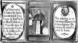 Oil painting commemorating the foundation of the University of Lima (later named San Marcos), officially the first university in Peru and the Americas, and his manager Friar Tomas of San Martin