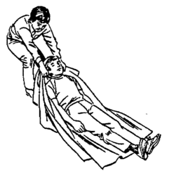 —A victim without a serious injury in the spine (in the back or the neck) can be pulled through the floor, which is easier on a blanket, carpet or another tissue located under most of the body. —In victims with a suspected spinal injury, it would require to place them carefully, while keeping their head and back in the same position they were, on a higher or much thicker base (as a litter or mattress) for a quick and stable displacement.