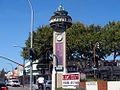 The clock tower at Broadway and El Camino Real