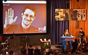 Edward Snowden appears via video at the International League for Human Rights 2014 awards ceremony