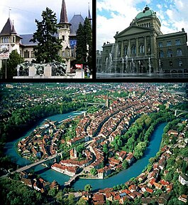 Top left: Historical Museum, Top right: Federal Palace, Bottom: Aerial view of Bern