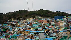 An overlook of the Gamcheon colorful houses near the entrance, March 2024