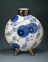 Moon flask, c. 1878–82, lead-glazed earthenware, transfer-printed and gilt