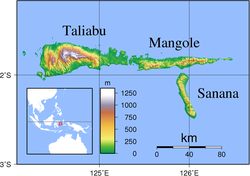 Mapa de la isla de Sanana, único lugar del mundo donde habita el Varanus obor.