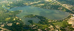 Medicine Lake juts into the eponymous body of water; it consists of the large, curving peninsula.