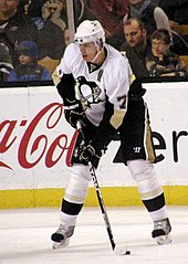 Photograph of Evgeni Malkin holding a hockey stick on the ice