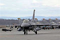 An F-16 Fighting Falcon from the 61st Fighter Squadron taxis prior to a mission during Red Flag-Alaska 07-1 at Eielson Air Force Base, Alaska.