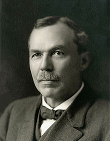 A photo of the head and shoulders of a man wearing a three piece suit and bow tie. In his forties, his hairline is partially receded and one eyebrow is noticeably higher than the other.