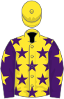 Yellow, purple stars, purple sleeves, yellow stars, yellow cap